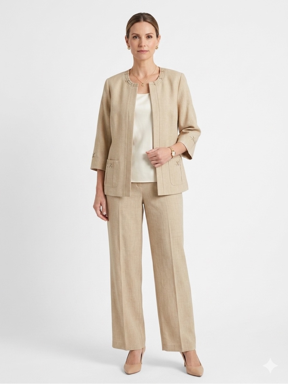 Alfred Dunner Beige Open-Front Collarless Jacket